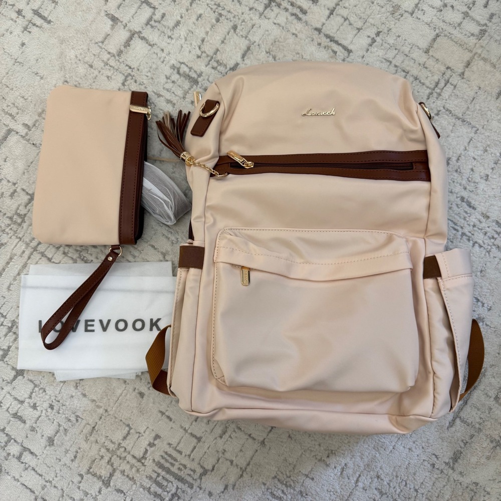 LOVEVOOK Laptop Backpack Beige Brown Travel Bag with USB Port and Wristlet NWT
